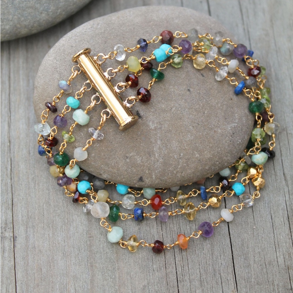 Multi Gemstone Bracelet Beaded Four strand Gold Bracelet